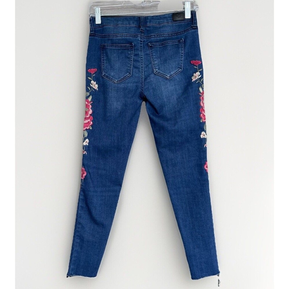 Celebrity Pink Embroidered Floral Mid Rise Ankle Skinny Jeans Womens 3 Blue Boho - Picture 2 of 8